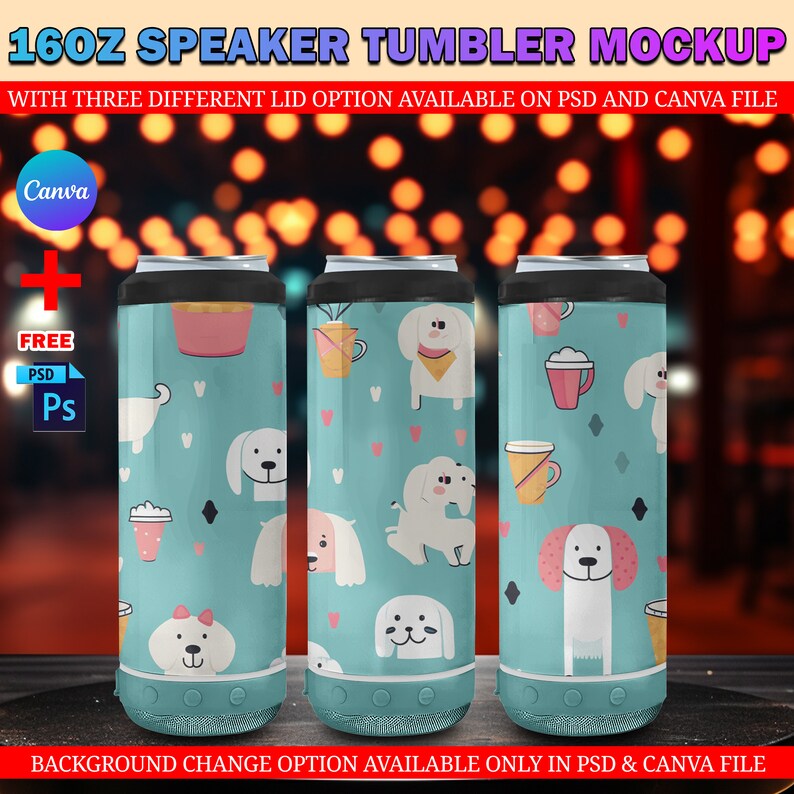 Maqueta de vaso de altavoz Canva de 16 oz, maqueta de enfriador 4 en 1 de 16 oz con 2 tapas, cambiar color de altavoz, insertar diseño y fondo mediante PSD, Canva imagen 3