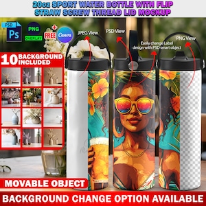 Puede incluir: Tres botellas de agua de acero inoxidable de 567 ml con tapas de pajita abatibles. Las botellas están sobre una mesa con un fondo blanco. Una botella tiene un diseño blanco, otra tiene un diseño colorido con una mujer con gafas de sol y la última tiene un diseño transparente.