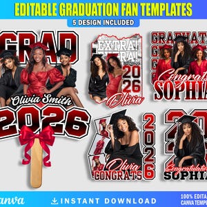 Op de afbeelding: Een verzameling bewerkbare afstudeerfan-sjablonen. De ontwerpen bevatten de tekst "GRAD", "2026" en "Gefeliciteerd Sophia". De sjablonen bevatten afbeeldingen van afgestudeerden in toga's en baretten, met een rood-wit kleurenschema.