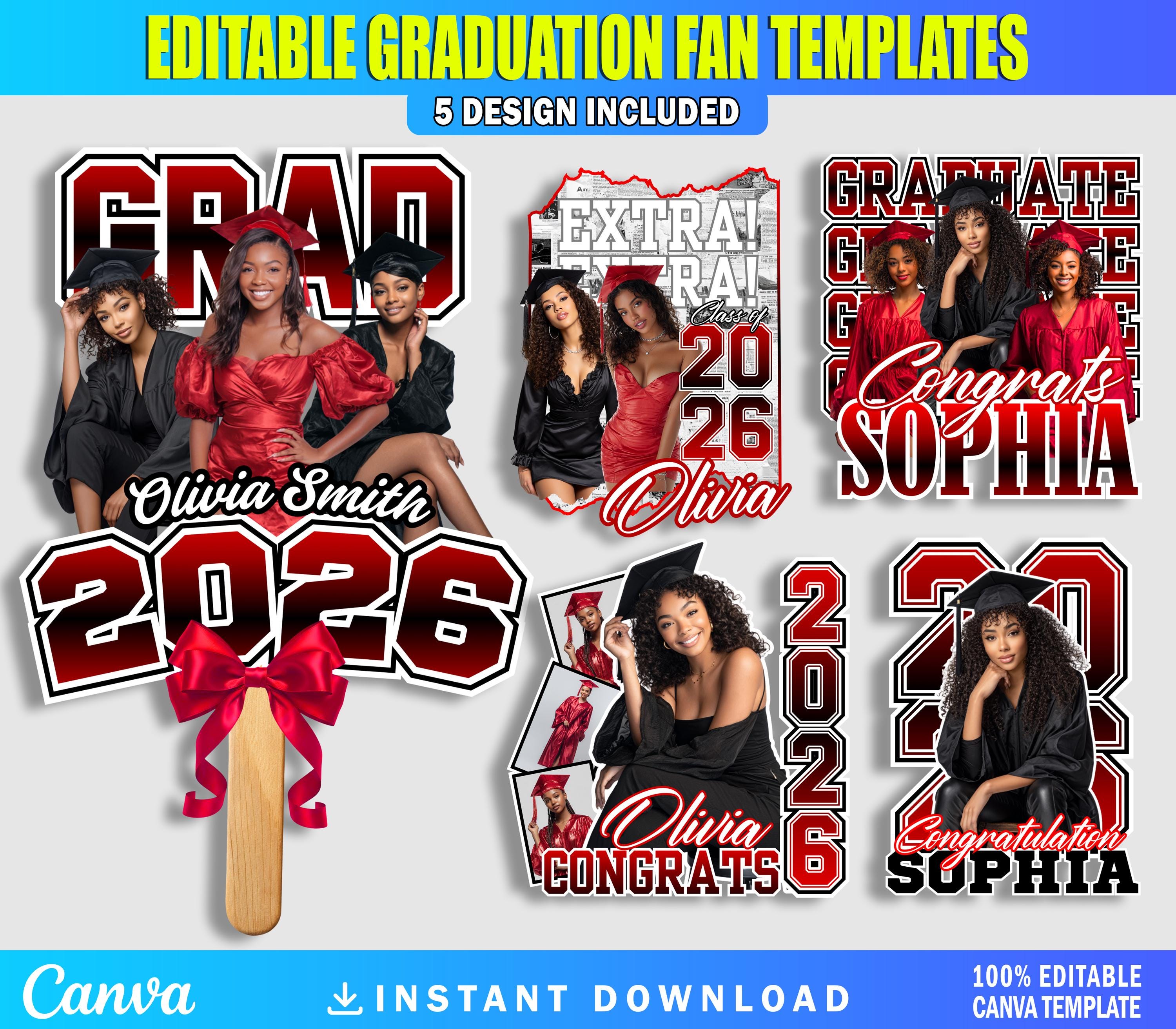 5 Graduation Fan Templates for Canva, Editable Class of 2026 Senior ...
