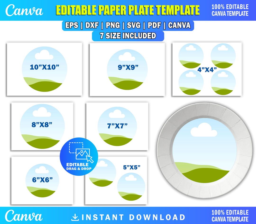 Editable Paper Plate Template Bundle, 4 to 10 Inch Canva Plate Design ...