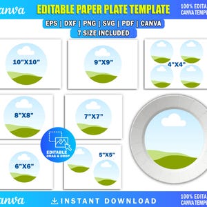 Op de afbeelding: Een bewerkbaar papieren bord sjabloon in Canva-formaat, inclusief EPS, DXF, PNG, SVG en PDF-bestanden. Het ontwerp bevat een landschapsafbeelding met een blauwe lucht, witte wolk en groene heuvels. Zeven maten zijn inbegrepen: 25,4x25,4, 22,9x22,9, 20,3x20,3, 17,8x17,8, 15,2x15,2, 12,7x12,7 en 10,2x10,2 cm.