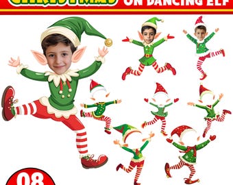 Adorno navideño personalizado con foto para agregar tu propia cara, paquete PNG de elfo, cara de elfo bailando en blanco, adorno navideño para oficina, fiesta y decoración