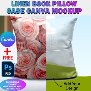 Op de afbeelding: Mockup van een linnen boek kussenhoes met een bloemenpatroon. De kussenhoes is wit met een groene achtergrond en een bloemenpatroon aan de voorkant. De tekst "Voeg uw ontwerp toe" staat in de rechterbenedenhoek van de afbeelding.