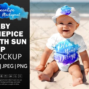 May include: A white baby onesie with a watercolor design that says "Place Your Design". The onesie is being worn by a baby wearing a white sun hat with the text "Place Your Design". The baby is sitting on a sandy beach.