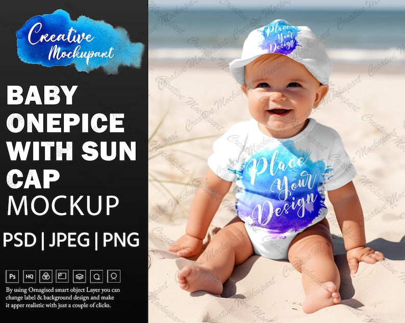 May include: A white baby onesie with a watercolor design that says "Place Your Design". The onesie is being worn by a baby wearing a white sun hat with the text "Place Your Design". The baby is sitting on a sandy beach.