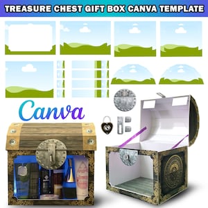 Plantilla de lienzo de caja de regalo del cofre del tesoro, Caja de regalo del cofre del tesoro pirata del tablero de espuma, Bolsa de regalo de lujo, Caja de regalo DIY de cumpleaños Canva editable