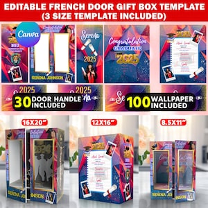 Puede incluir: Una plantilla de caja de regalo con temática de graduación con un diseño de puerta francesa. La imagen muestra tres tamaños diferentes: 16x20 pulgadas, 12x16 pulgadas y 8,5x11 pulgadas. El diseño incluye el texto "Felicitaciones Graduado 2025" y el nombre "Serena Johnson".