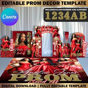 Custom Prom Decor Canva Template Bundle, Name Cutout, Red & Gold Prom ...