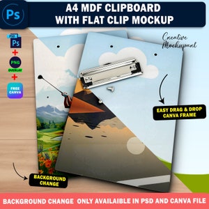 Dye Sublimation A4 MDF Clipboard With Flat Clip Mockup, Insert Own Design And Background Via Photoshop PSD & Smart Canva Frame