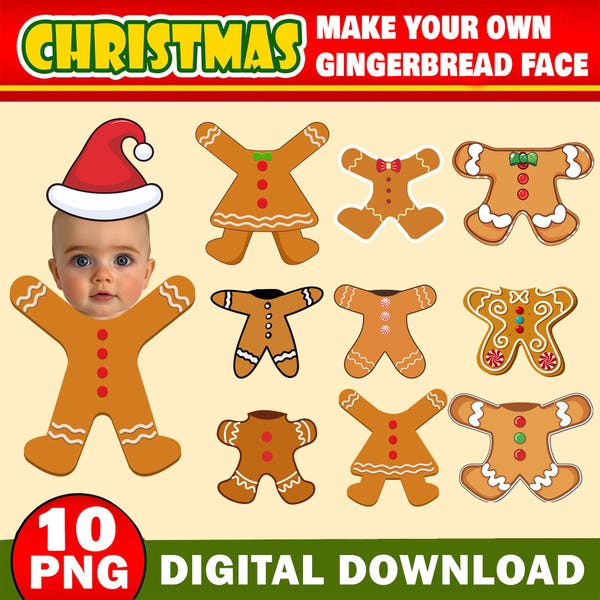 10x Christmas Add Your Own Photo Face Bundle, DIY Gingerbread Yourself PNG, Gingerbread Face Blank, Xmas Office Decor