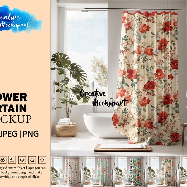 Bathroom Shower Curtain Mockup | Bath Drape Mockup | Customizable Bath Curtain Photoshop PSD & Canva PNG Mockup | Styled Stock Photography
