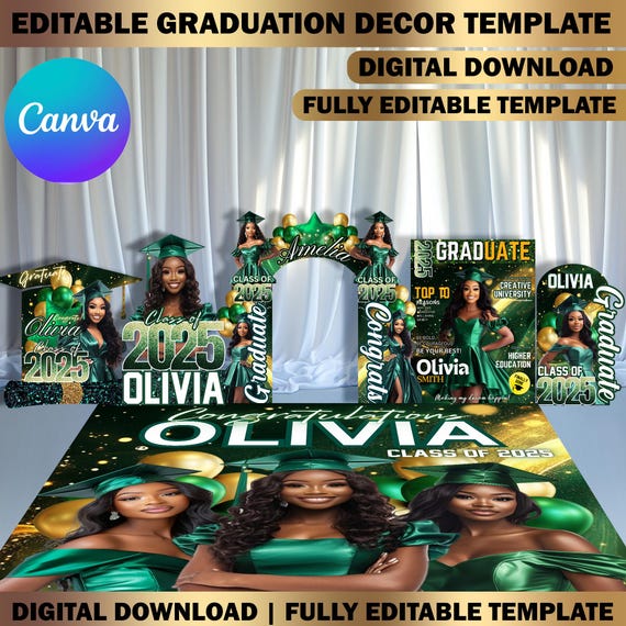 Custom Shape Graduation Decor Canva Template Bundle, Name Cutout, Grad Entrance Arch, Magazine Backdrop, Hat Arch Wall, Floor Wrap Decor DIY
