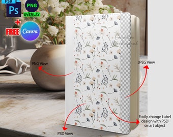 昇華転写 A5 PU レザー ジャーナル ノートブック モックアップ、A5 ジャーナル モックアップ、挿入デザインと背景 (Photoshop PSD、PNG、Canva フレーム経由)