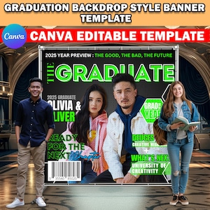 Graduation Magazine Style Backdrop Template, Green DIY Editable Canva Graduation Photography Backdrop/Banner, Graduation Party Backdrop