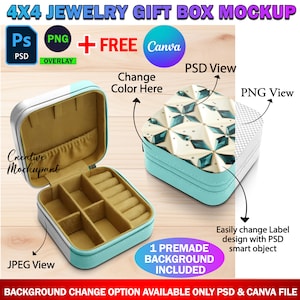 Dye Sublimation 4 x 4 Zoll Schmuck Geschenkbox Mockup, Geschenkkoffer Mockup, Design & Hintergrund über Smart Canva Frame und Photoshop PSD