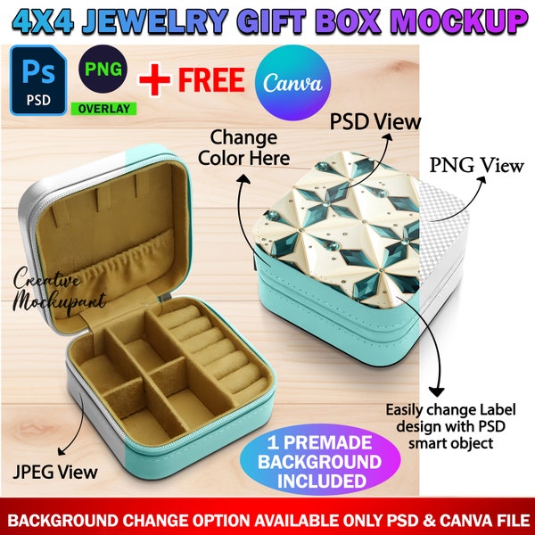 Dye Sublimation 4X4 Inch Jewelry Gift Box Mockup , Gift Case Mockup, Insert Design & Background Via Smart Canva Frame And Photoshop PSD