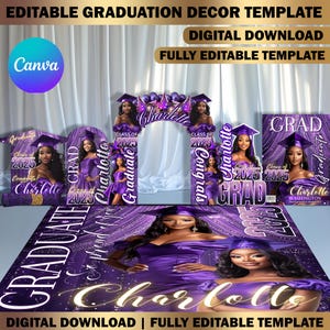 Custom Shape Graduation Decor Canva Template Bundle, Name Cutout, Grad Entrance Arch, Magazine Backdrop, Hat Arch Wall, Floor Wrap Decor Set