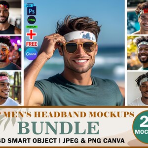 Puede incluir: Un conjunto de 20 maquetas de diademas para hombres. Las maquetas presentan una variedad de diademas con diferentes patrones y colores. Las maquetas están en formato PSD e incluyen un objeto inteligente para una fácil personalización. Las maquetas también están disponibles en formatos JPEG y PNG para su uso en Canva.