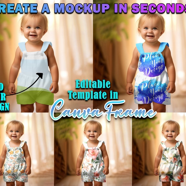 Canva Frame Kids Gathered Strappy Romper Mockup | Toddler Onesie Canva Frame Mockup | Drag & Drop Your Design Into Canva Frame