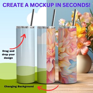 Canva Frame 20oz Skinny Tumbler Full Wrap View Mockup For Dye Sublimation | Drag & Drop To Add Design Via Canva Frame