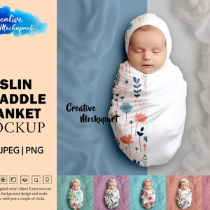 Musselin Swaddle Decke Mockup | Baby Decke Mockup |Neugeborenen Wrap Decke Mockup | Hintergrund ändern | Einfügen Design via PSD, Canva PNG