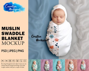 Musselin Swaddle Decke Mockup | Baby Decke Mockup |Neugeborenen Wrap Decke Mockup | Hintergrund ändern | Einfügen Design via PSD, Canva PNG