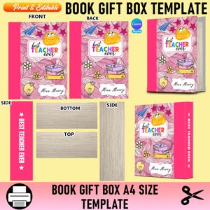 Modèle de conception de boîte de livre, boîte de livre de gâteries modifiable Canva, modèle de boîte de livre cadeau fête des enseignants, boîte-cadeau de livre en carton mousse, boîte de faveurs Canva