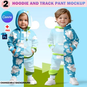May include: Two children wearing matching blue and white hoodies and track pants with a cloud and sun pattern. The background is a light blue sky with white clouds.