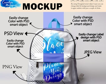 高品質のバックパックのモックアップ、PSD スマート オブジェクトを介して独自のデザインと背景を挿入、DIY 昇華小さなスクール バッグのモックアップ