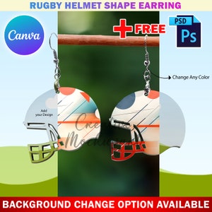 May include: A pair of earrings shaped like a rugby helmet. The earrings are made of wood and have a colorful abstract design. The earrings are hanging from silver hooks.