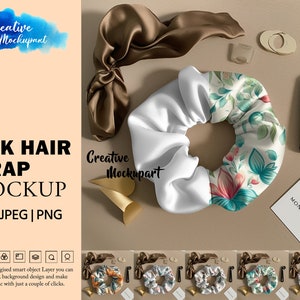 May include: A white and floral patterned hair scrunchie with a brown satin ribbon. The scrunchie is on a brown surface with a white notecard that says "MONT DONO".