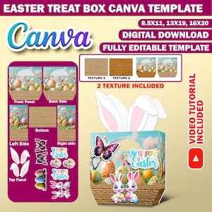 Plantilla de diseño de Canva para caja de regalo de Pascua, caja de regalo de Pascua hecha con tablero de espuma, bolsa de regalo de lujo, caja de regalo de cumpleaños para hacer uno mismo, canasta de conejo de Pascua editable