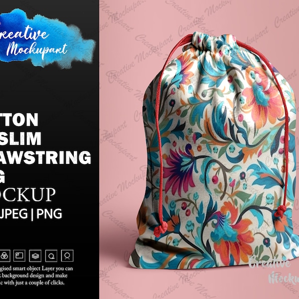 Cotton Muslin Drawstring Bag Mockup | DYE sublimation sweatshirt bag mockup | Change Background, Add design Via Photoshop PSD & Canva PNG