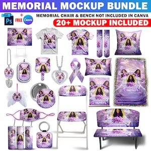 May include: A mockup bundle of 20+ memorial items, including a t-shirt, pillow, blanket, tumbler, keychain, and more. The items feature a purple and white design with a photo of a young woman and the text "Dania Smith Forever in Our Hearts".