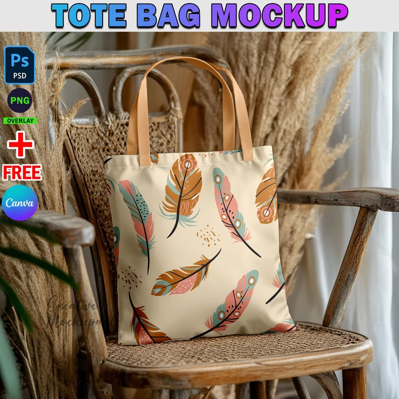 May include: A beige tote bag with a colorful feather pattern. The bag has brown straps and is sitting on a wooden chair with a woven seat.