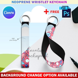 Maqueta de llavero de pulsera de neopreno Canva, llavero de pulsera de llavero de sublimación, diseño de inserción y fondo a través de marco inteligente de Canva y PSD