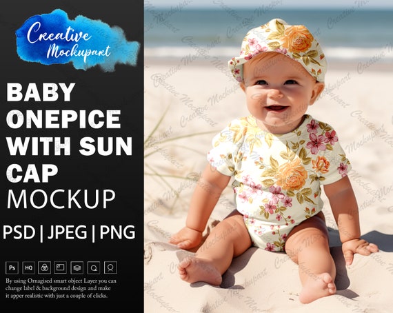 Baby One-piece With Sun Cap Mockup | Baby Bodysuits, Romper Jumpsuits mockup | Add Your Design Via Photoshop Smart PSD Canva PNG & JPG