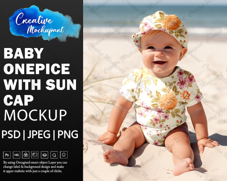 May include: A baby wearing a floral print onesie and a floral print sun hat sits on a sandy beach.