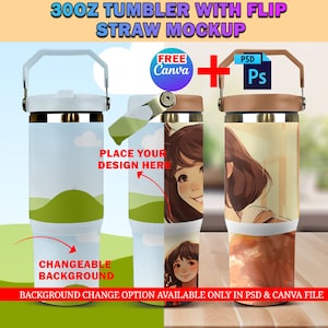 Puede incluir: Un vaso de acero inoxidable de 30 oz con una pajita abatible y un fondo cambiable. El vaso tiene una tapa dorada y un asa. El fondo se puede cambiar en Photoshop o Canva.