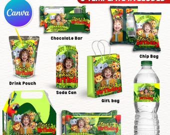 8X Jungle Theme Birthday Party Favor Template Bundle, Canva Editable Birthday Party Treats Design, Custom Water Labels, Chip Bag, Wrapper