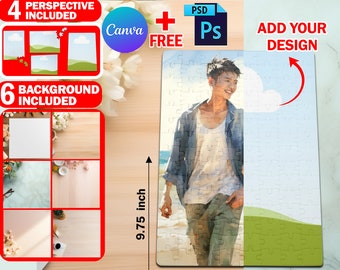 Maqueta de rompecabezas de 60 piezas de Canva, plantilla de rompecabezas para sublimación, inserte su propio diseño y fondo a través del marco inteligente de Canva y PSD