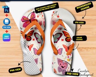 Dye Sublimation Flip-Flops Mockup, Slider Sandal Mockup, Insert Design & Background Via Photoshop Smart Object And Drag And Drop Canva Frame