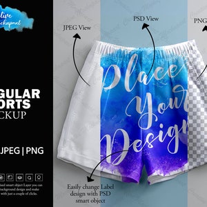 May include: White athletic shorts mockup with a blue, purple and pink watercolour design. The text "Place Your Design" is written on the shorts.
