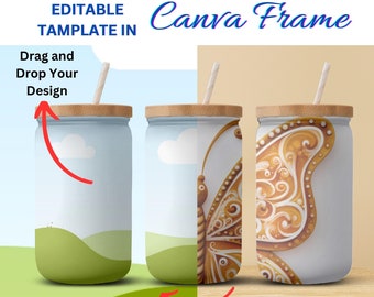Canva Frame 16oz Frosted Glass Can Tumbler Mockup For Dye Sublimation | Full Wrap Frosted 16oz Libbey Glass Can Mockup| Drag & Drop Template