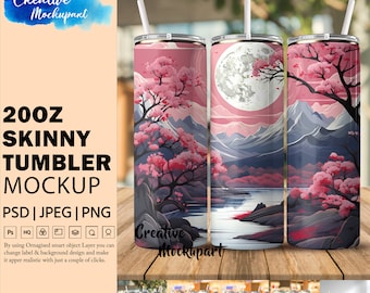 Dye Sublimation 20oz Skinny Tumbler Full Wrap Mockup | Change Background, Drag & Drop To Insert Design | 20oz Customizable Tumbler Mockup