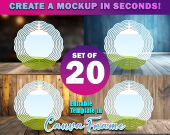 May include: Set of 20 editable Canva frame templates. The frames are circular with a wavy border and a light blue centre. The frames are displayed on a wooden background.  Create a mockup in seconds!