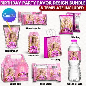 8X Geburtstagsparty Favor Template Bundle, Pink Canva Bearbeitbares Geburtstagsparty behandelt Design, Party Favor Benutzerdefinierte Wasseretiketten, Chip Bag Wrapper