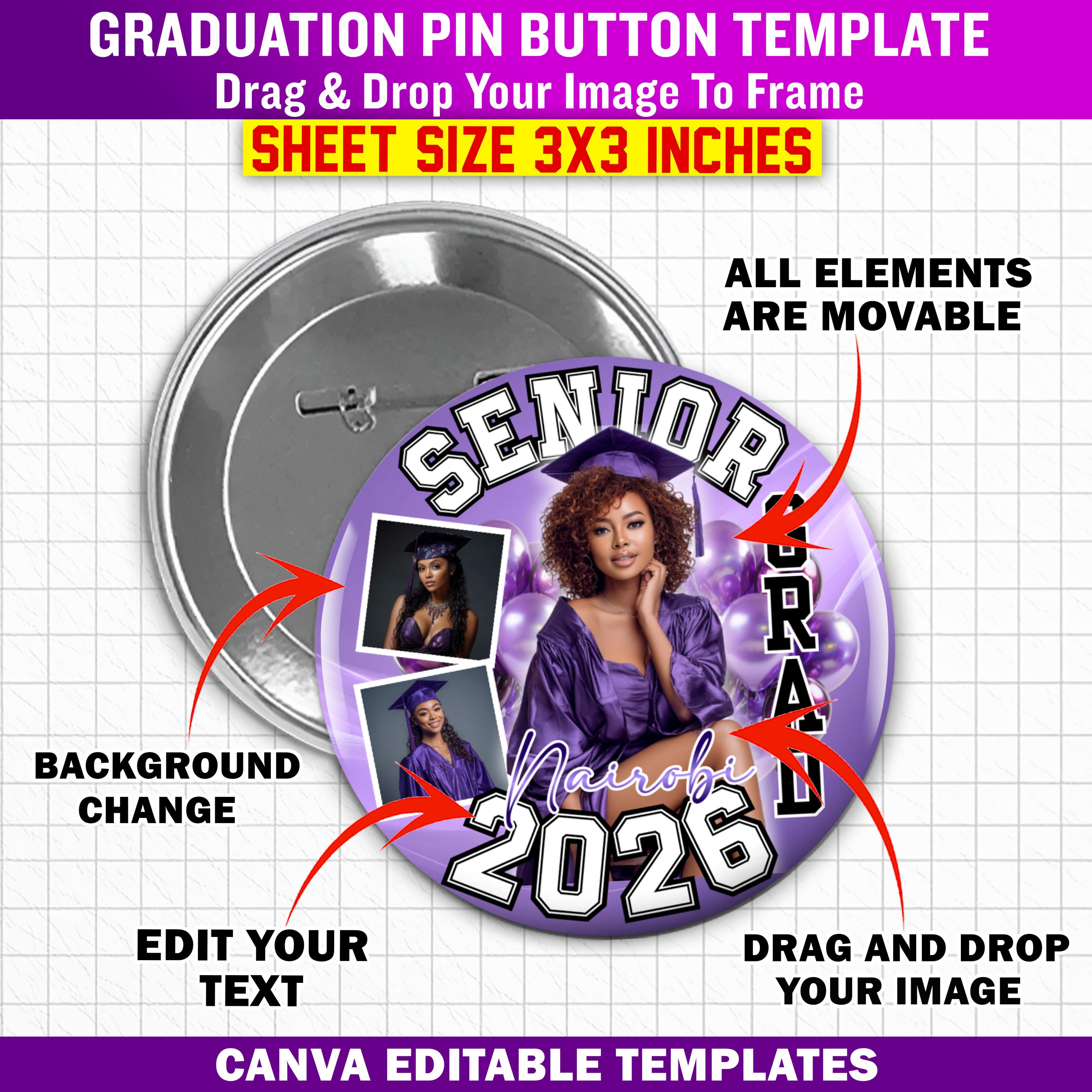 10 Graduation Pin Button Templates for Canva, Class of 2026 Senior ...