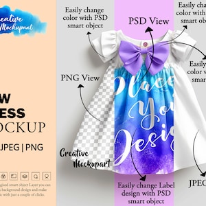 Schleifen Kleid Mockup | Kinder / Kleinkind Niedliches Mode Kleid | Ändern Sie den Hintergrund, fügen Sie Ihr eigenes Design über Photoshop Smart PSD-Objekt hinzu, Canva PNG & JPG